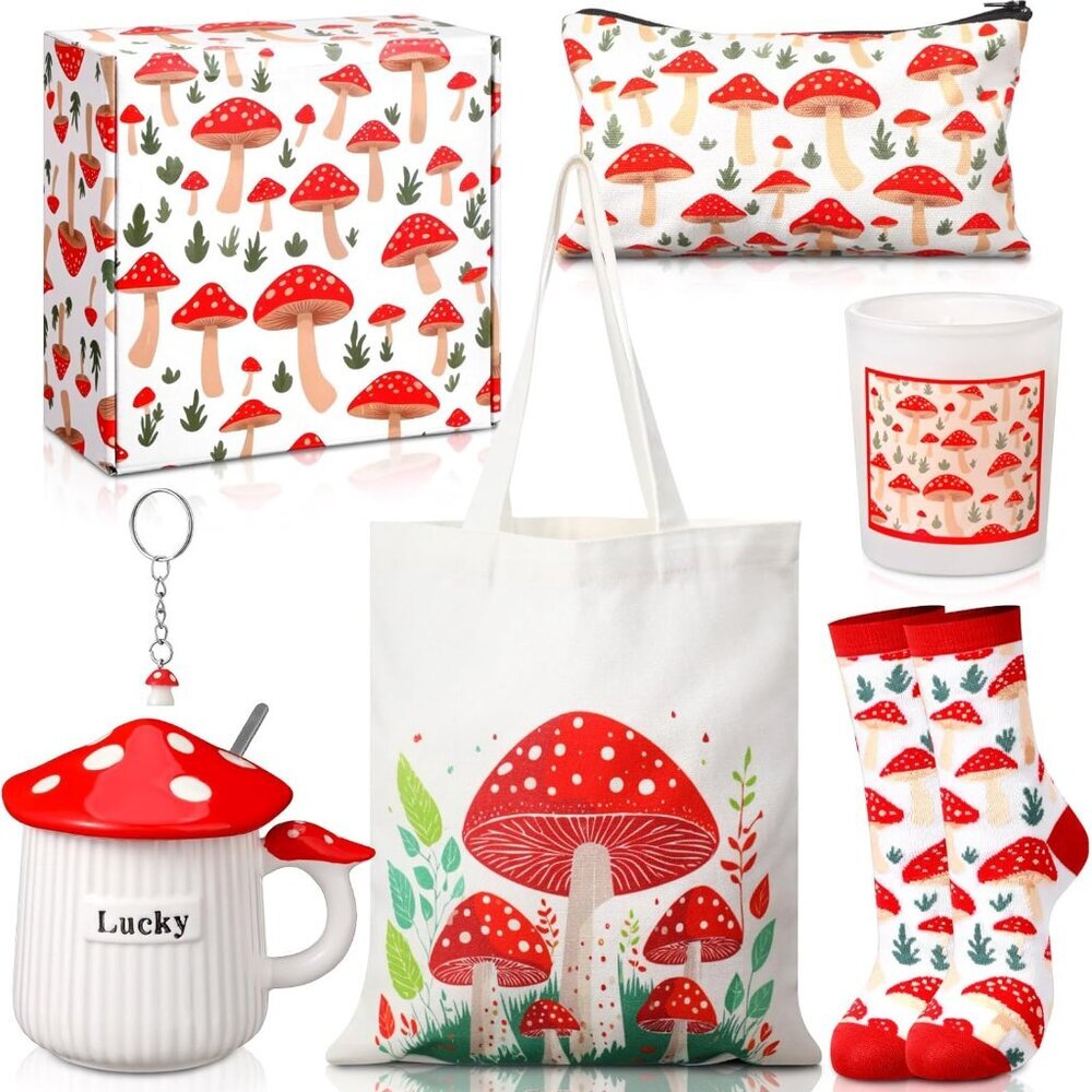 7 Pcs Mushroom Gifts Set for Women Include Canvas Tote Bag Mug Makeup Bag Candle